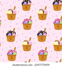 Ice cream in a cup with a spoon on a pink background. Seamless pattern. Sweet ice cream desserts. For textiles, paper, fabrics, wallpaper, wrapping, backdrop. Vector illustration