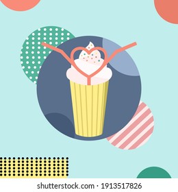 La taza de helado con paja está en forma de corazón. Ilustración vectorial en diseño de dibujos animados planos. Concepto de San Valentín. Relación romántica. 