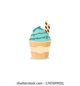 ice cream in a cup with syrup and wafer roll sweet design flat isolated white background