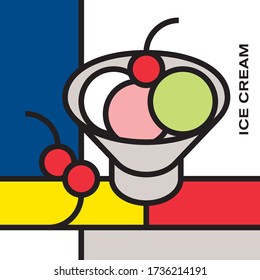 Ice cream cup with three balls and cherry berries. Modern style art with rectangular color blocks. Piet Mondrian style pattern.