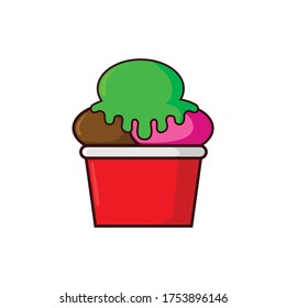 ice cream cup with three flavor melon, chocolate , and strawberry