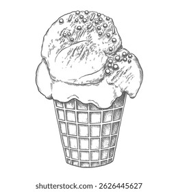 Ice Cream cup with topping of crispy sprinkles hand drawn vector food illustration. Line art graphic of dessert in the sketch style perfect for menu or product creation and summer package design.
