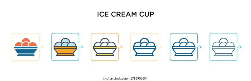 Icono vectorial de la taza de helado en 6 estilos diferentes. Íconos de la taza de helado de color negro, de dos colores diseñados en el estilo relleno, contorno, línea y trazo. La ilustración vectorial se puede usar para web, móvil, ui