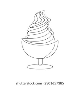 Ice cream cup vector one line continuous drawing illustration. Hand drawn linear silhouette icon. Minimal outline design element for print, banner, card, brochure, logo, menu.