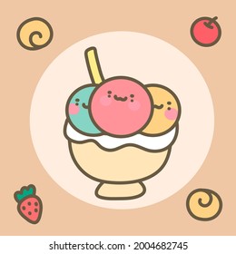 Ice cream cup vector with strawberry cherry and cookies. Ice cream in cup with cute character illustration isolated on brown background.