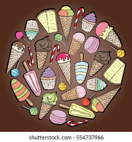 Ice cream, cupcake, cheesecake, macaroon and other sweets doodles hand drawn illustration