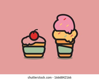 ice cream and cupcake with cherry on top, flat design vector background wallpaper