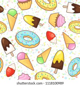 Ice cream, cupcake and donut. Vector seamless pattern with sweet food