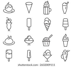 Ice cream and cupcake icons vector set collection. Summer dessert menu mascot. Contains such Icons as parfait, milkshake, frozen yogurt, vanilla, chocolate and more. Vector illustration.