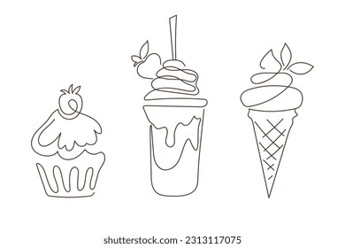 Ice cream. Cupcake. Lemonade. Linear desserts. Dessert set. Minimal design element for printing, banner, card, wall art poster, brochure, postcard