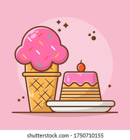Ilustración vectorial de helados y pasteles. Helados Dulce y Pastel. Estilo de caricatura plana adecuado para adhesivos, fondos de escritorio, iconos, etc.