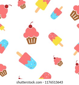 ice cream, cupcake white background seamless pattern