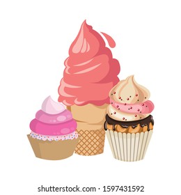 ice cream with cupcakes icon over white background, vector illustration