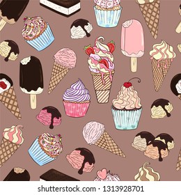 Ice cream cupcakes pattern. Many types delicious food. Ice cream bar strawberry ice vector illustration.