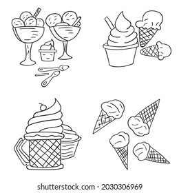 Ice cream and cupcakes set Drawing Summer vacation coloring page for kids Vector