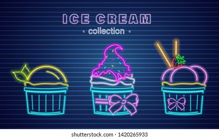 Ice cream cups neon Vector. Delicious dessert design label poster