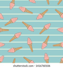 ice cream, curly, raspberry, in waffel, on striped, green-blue background. Vector seamless pattern.