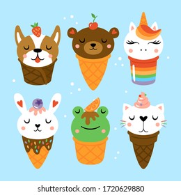 Ice cream with cute animals for summer. Childish print for cards, stickers and party invitations. Vector Illustration