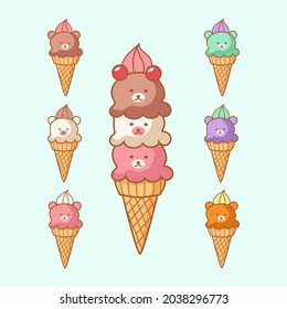 Ice cream cute bear set kawaii illustration vector.