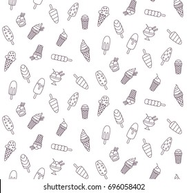 Ice cream cute black and white doodle drawings seamless vector pattern