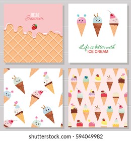 Ice cream cute cards and seamless pattern set. Kawaii cartoon characters. Wafer surface with melted strawberry cream. Hello summer design.