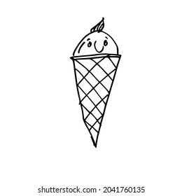 Ice cream is a cute cartoon character. Sketch, caricature. Vector doodle illustration