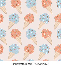 Ice cream. Cute cartoon food. Summer sweetness. Seamless vector pattern (background). Dessert print. 