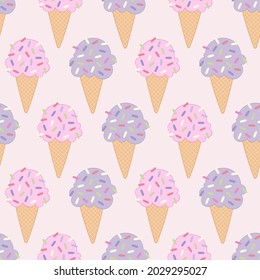 Ice cream. Cute cartoon food. Summer sweetness. Seamless vector pattern (background). Dessert print. 