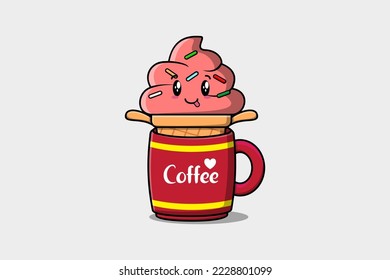 Ice cream cute character illustration in a coffee cup in flat modern design