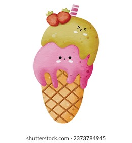 Ice cream. Cute ice cream cones with fun faces. Kawaii cartoon style