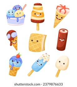 Ice Cream with Cute Face as Frozen Dessert Vector Illustration Set.