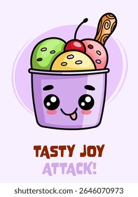 Ice cream cute kawaii character poster. Smiling dessert with big eyes and sweet expression. Greeting card template.
