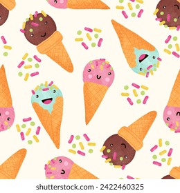 Ice cream cute seamless pattern with kawaii faces for kids