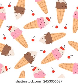 Ice Cream cute seamless pattern with hand drawn ice cream for summer prints, posters, wrapping paper, background Tasty vanilla Food wallpaper