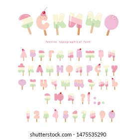 Ice cream cyrillic font. Popsicle colorful letters and numbers can be used for summer design. Isolated on white. Vector