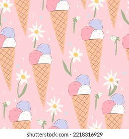 Ice cream and daisy seamless pattern. Cute background wallpaper. Perfect for creating fabrics, textiles, wrapping paper, and packaging.