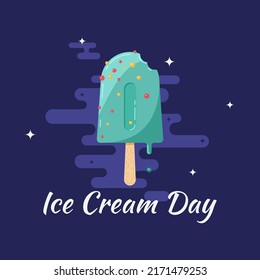 Ice cream day banner. Cute flat vector illustration for social media, postcards. Sweet blue fruit ice cream on stick isolated on dark background. Tasty festive concept. Bright colors