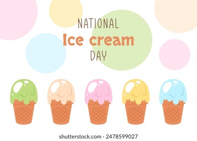 Ice cream day. Greeting banner with color Tasty icecream balls in waffle cones. Set of delicious icecream scoops with various fruit topping and flavor. Vector flat cartoon illustration