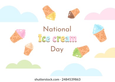 Ice cream day. Greeting banner with Delicious ice cream sundae in waffle cones. Sweet color frozen yogurt with various fruit topping and flavor. Vector flat cartoon illustration