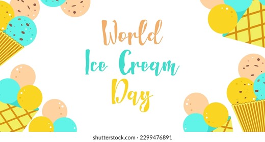 Ice cream Day. Horizontal postcard, poster, flyer. Design for a cafe, website. A waffle cone with various balls of colorful fruit ice cream. Vector flat illustration.