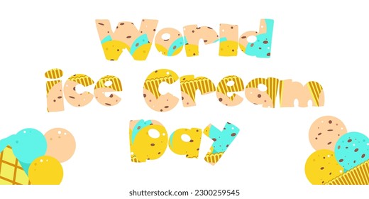 Ice cream Day. Horizontal postcard, poster, flyer. Design for a cafe, website. A waffle cone with various balls of colorful fruit ice cream. Vector flat illustration.