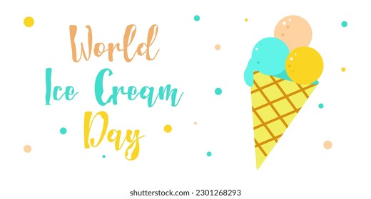 Ice cream Day. Horizontal postcard, poster, flyer. Design for a cafe, website. A waffle cone with various balls of colorful fruit ice cream. Vector flat illustration.