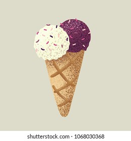 Ice cream decorated with confetti cartoon icon. Ice cream scoops and waffle cone isolated. Blueberry dessert. Vector illustration in dot style, retro vintage dots graphic art.