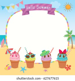 Ice Cream Decorated To Summer Season On Beach Background Design For Template Border Frame.