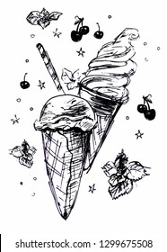 Ice cream with decoration. Graphic drawing