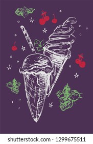 Ice cream with decoration. Graphic drawing. White on purple background
