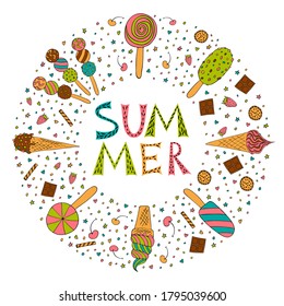 Ice cream decoration and summer lettering. Popsicle and ice cream frame in a waffle cone, cookies, chocolate, strawberry, cherry, multicolored dragee. Isolated object on a white background. Vector.