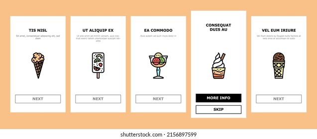 Ice Cream Delicious Dessert Food Onboarding Mobile App Page Screen Vector. Strawberry Cherry Fruit Ice Cream, Frozen Yogurt Juice. Waffle Cone Cake Sweet Nutrition With Chocolate Vanilla Illustrations