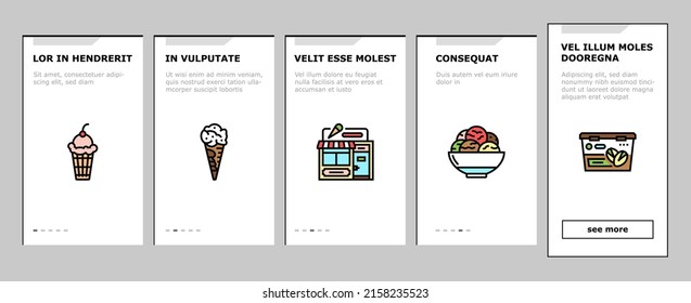 Ice Cream Delicious Dessert Food Onboarding Mobile App Page Screen Vector. Strawberry Cherry Fruit Ice Cream, Frozen Yogurt Juice. Waffle Cone Cake Sweet Nutrition With Chocolate Vanilla Illustrations