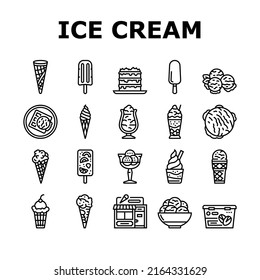 Ice Cream Delicious Dessert Food Icons Set Vector. Strawberry Cherry Fruit Ice Cream, Frozen Yogurt And Juice. Waffle Cone And Cake Sweet Nutrition With Chocolate Vanilla Black Contour Illustrations